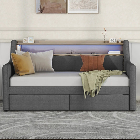 Gray linen daybed with storage drawers and LED lighting by VIP Digital Presence on Tampa Home & Garden Store