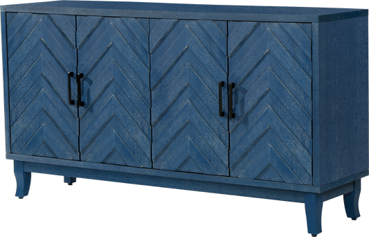 Stronger Vintage Buffet Cabinet blue lacquered with chevron panel doors, four doors on Tampa Home & Garden Store