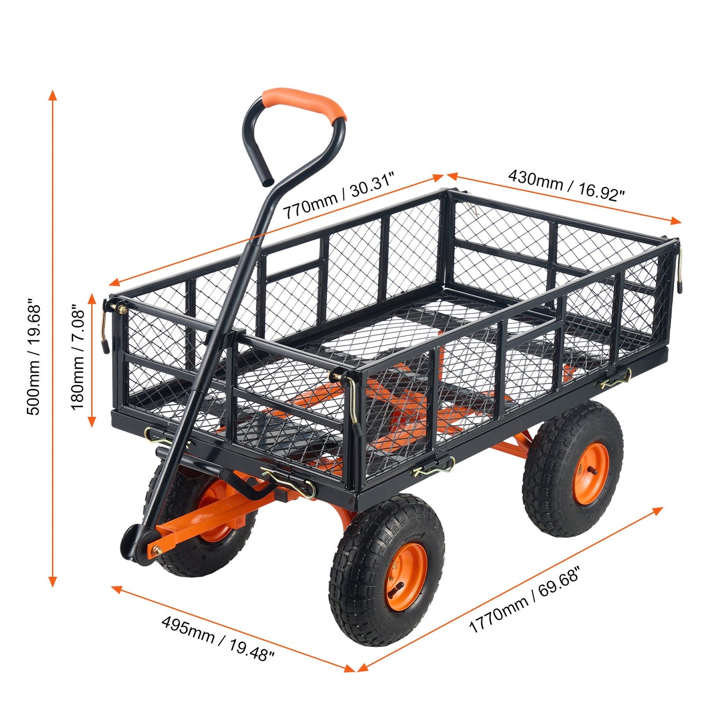 Metal garden dump cart by HouseOfZazla with orange handle, black frame and mesh basket on Tampa Home & Garden Store