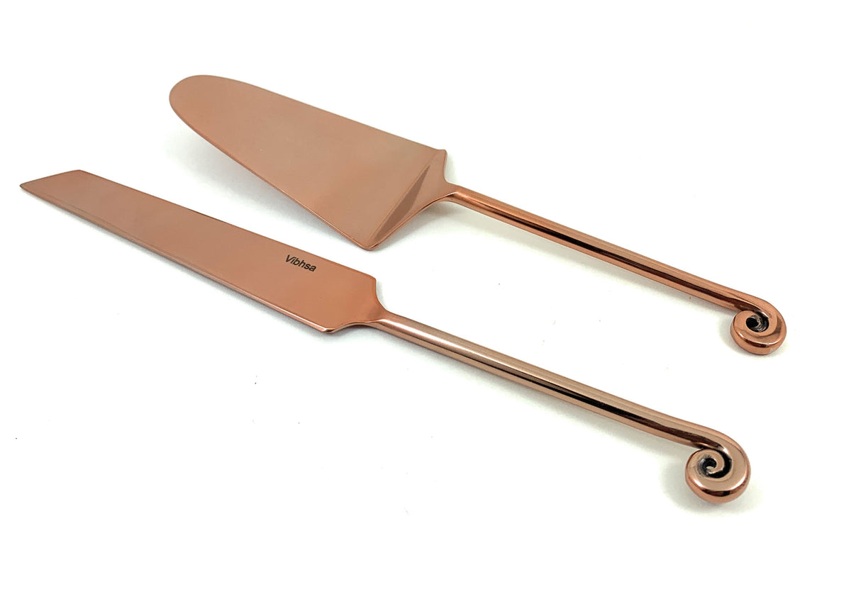 Vibhsa copper cake serving set with server and knife, curved handles on Tampa Home & Garden Store