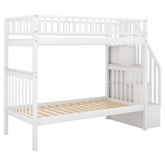 Twin over twin bunk bed white wood frame with safety rails, ladder, and side storage on Tampa Home & Garden Store