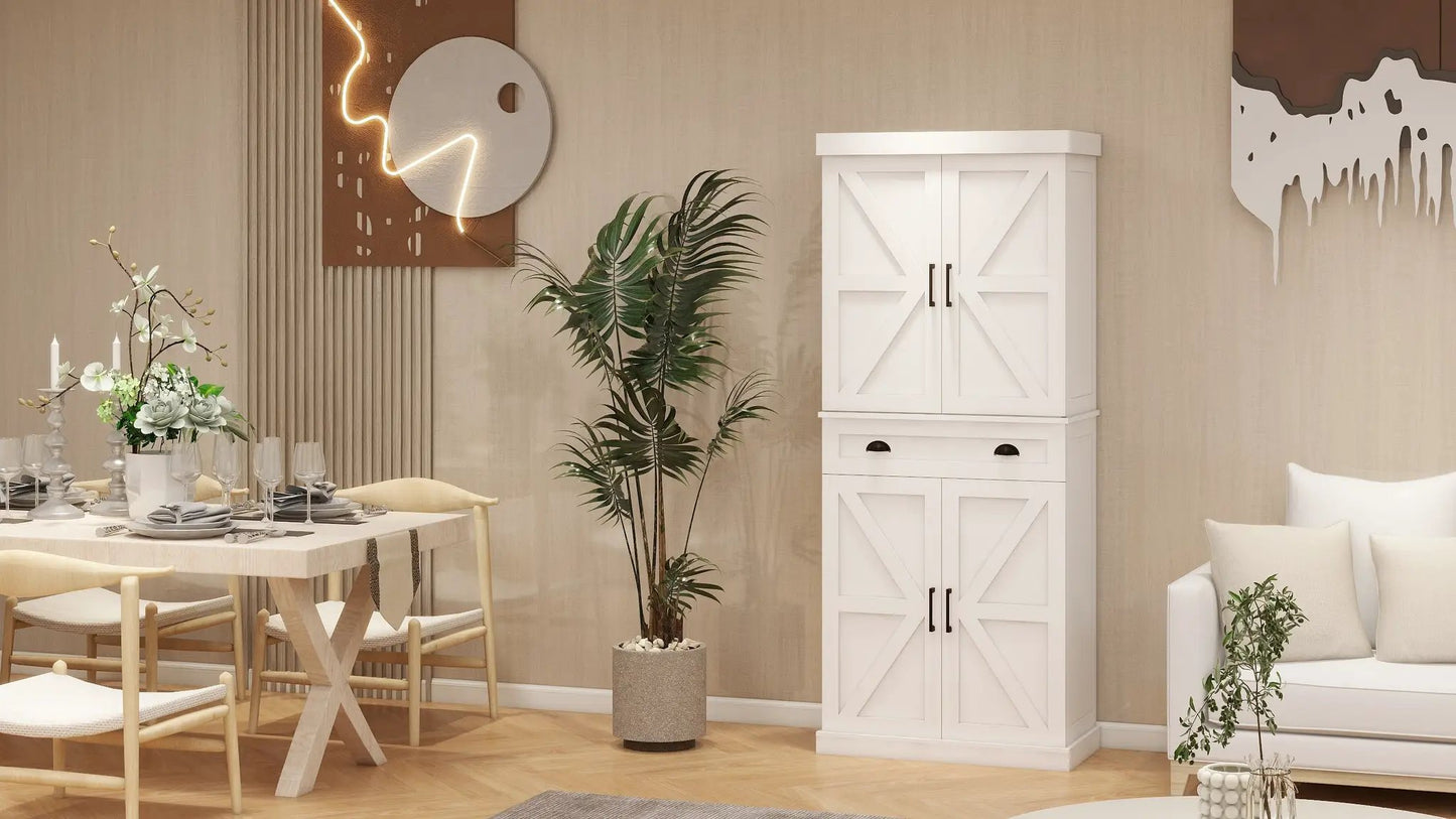 71 Inch white pantry cabinet with 4 doors, X-panel fronts and a middle drawer on Tampa Home & Garden Store