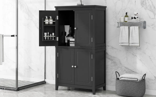 Elegant black bathroom floor storage cabinet with open door revealing interior shelves on Tampa Home & Garden Store