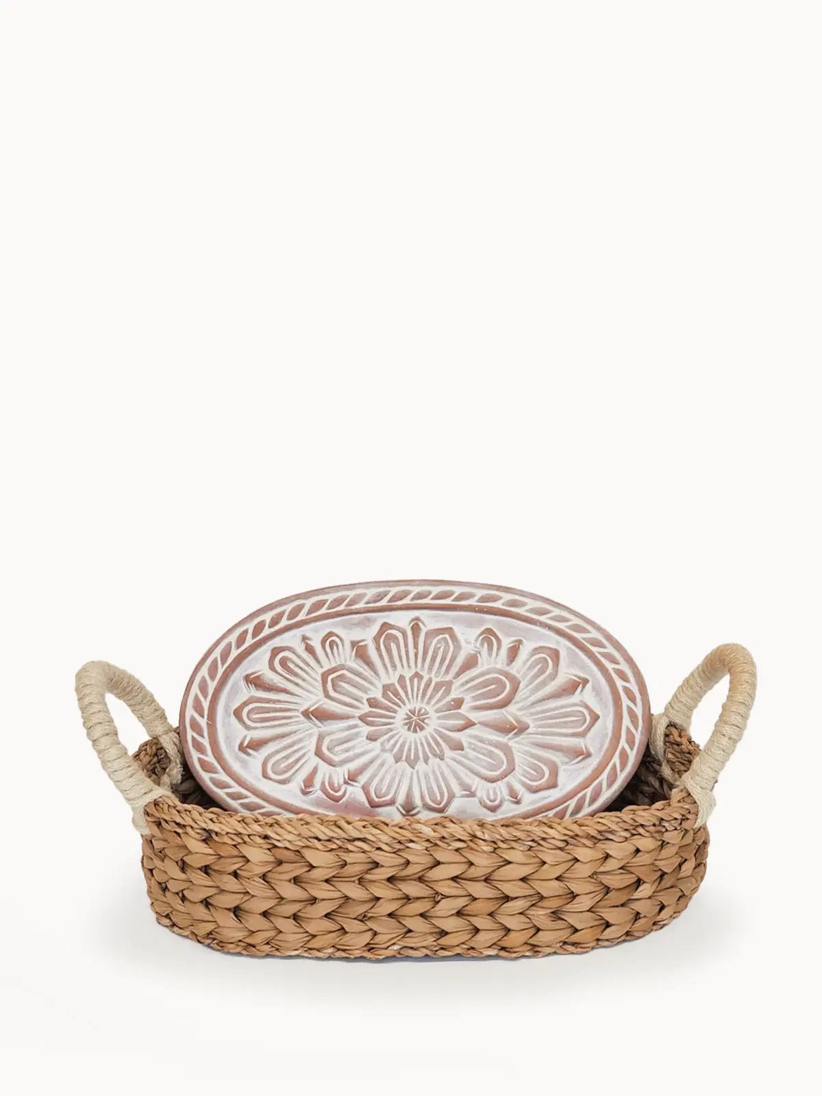 Bread Warmer and Basket with Flower Design ceramic plate in woven jute basket KORISSA Serveware on Tampa Home & Garden Store