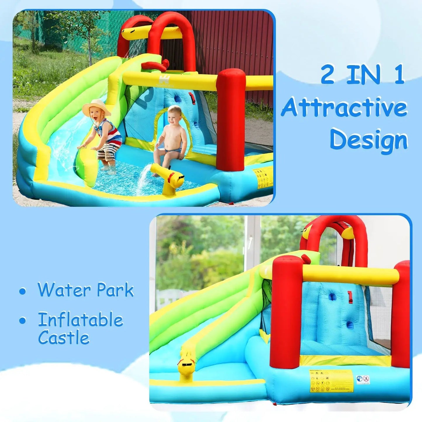 6-in-1 inflatable bounce house with climbing wall in blue and green with kids on a water slide on Tampa Home & Garden Store