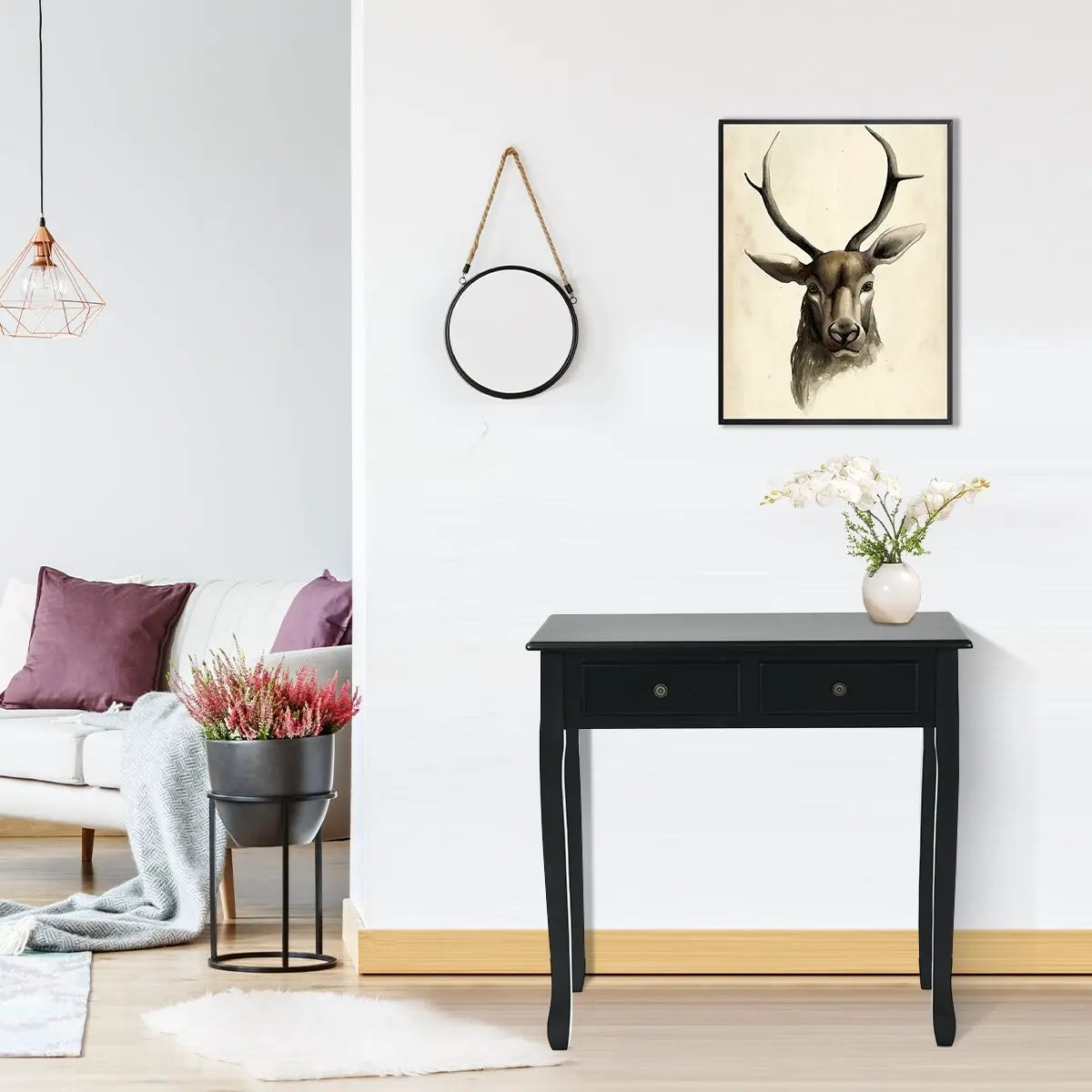 Writing Desk 2-Tier Vanity Computer Desk in black with two drawers, round mirror and deer art on Tampa Home & Garden Store