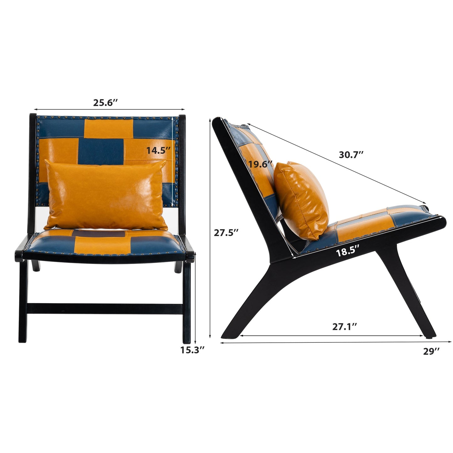 Accent chair by HouseOfZazla with blue-orange patchwork leather upholstery nailhead trim on Tampa Home & Garden Store