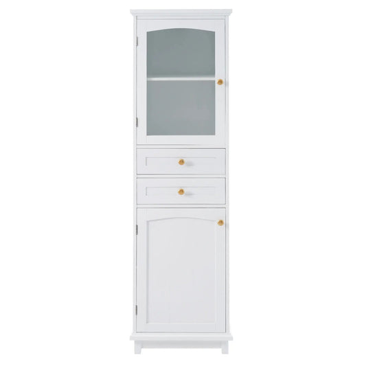 Tall white bathroom linen cabinet with glass front door and brass knob on Tampa Home & Garden Store