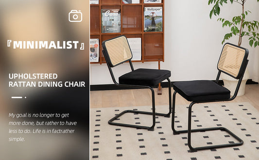 Lot de 2 chaises de salle à manger, chaises décoratives d'appoint en velours et osier, pieds peints en noir, chaises modernes médiévales conçues par Bruell,