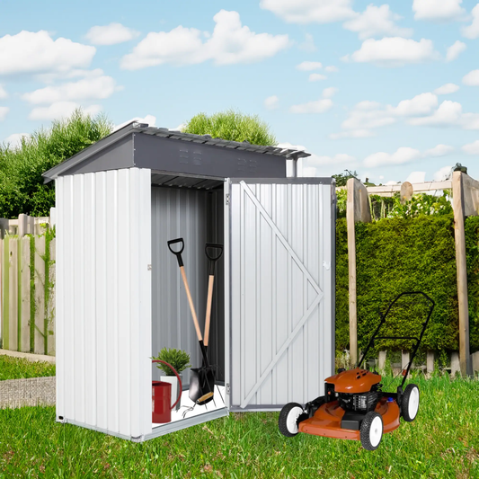 Garden metal storage shed gray and white 5x3x6ft with inside tools and lawn mower outside on Tampa Home & Garden Store