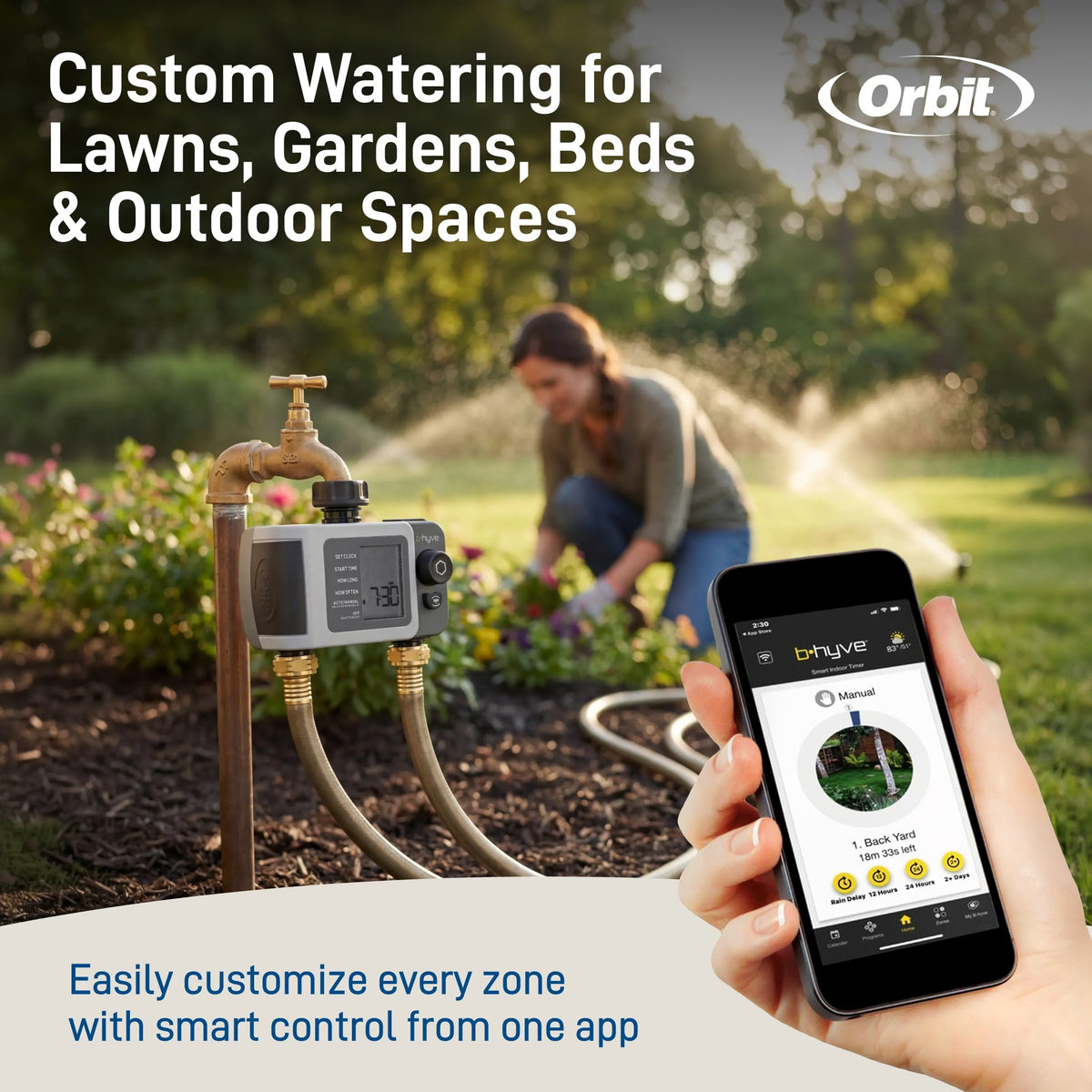 Bhyve XD Hose Timer with Hub on garden faucet; digital display, brass fittings, Orbit Irrigation on Tampa Home & Garden Store