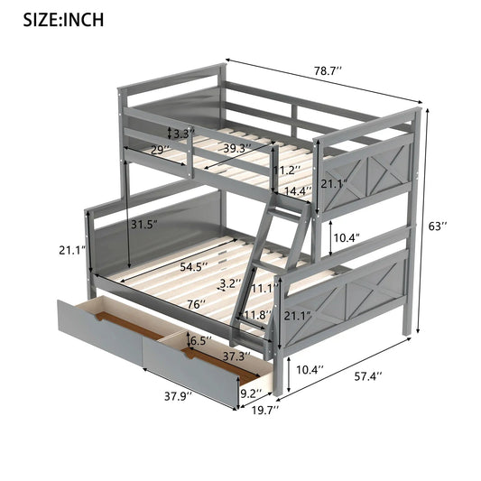 Twin-over-full bunk bed frame in gray metal with built-in ladder and storage drawers on Tampa Home & Garden Store