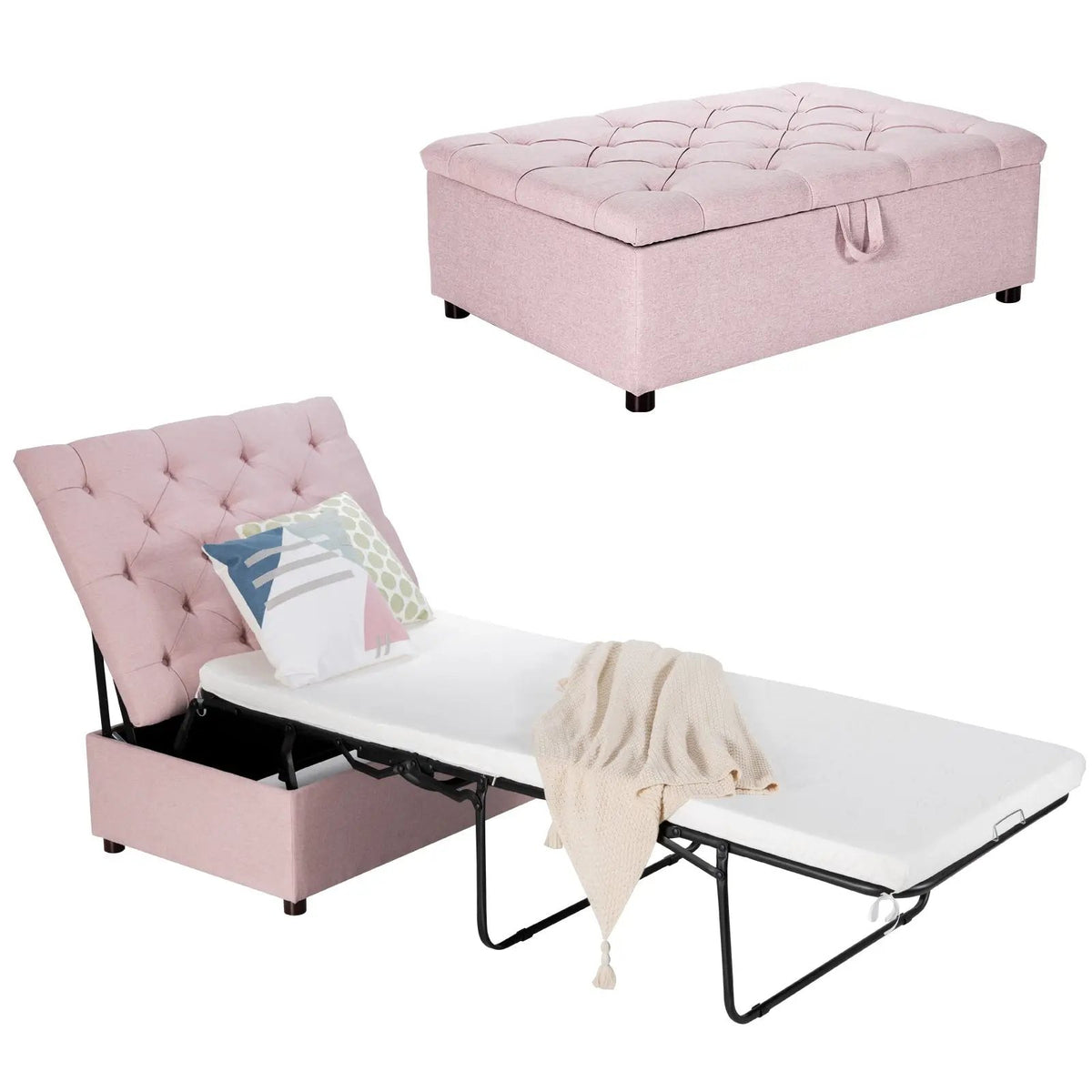 DirectDeals pink tufted folding ottoman sleeper bed with mattress and fold-out frame on Tampa Home & Garden Store