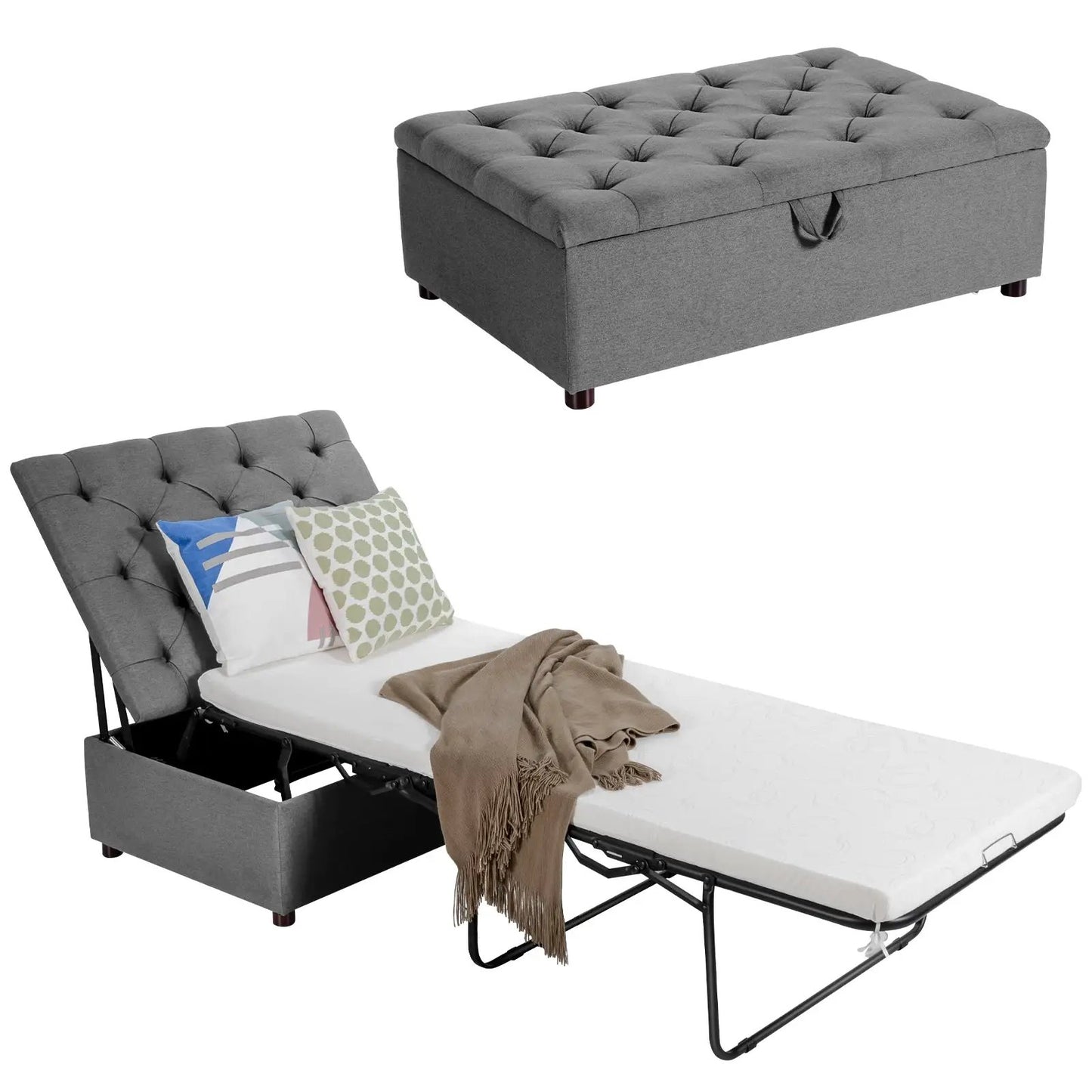 Two-piece folding ottoman sleeper bed with mattress, DirectDeals, gray tufted fabric on Tampa Home & Garden Store