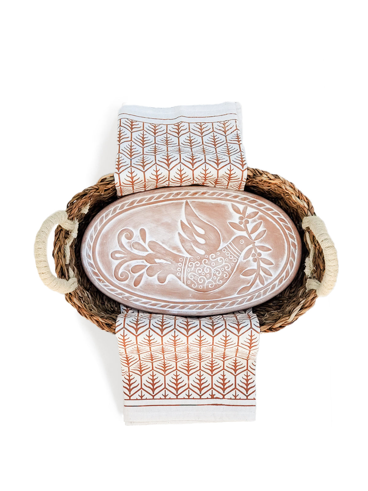 Set de regalo de calentador de pan y cesta con paño de cocina - Pájaro ovalado