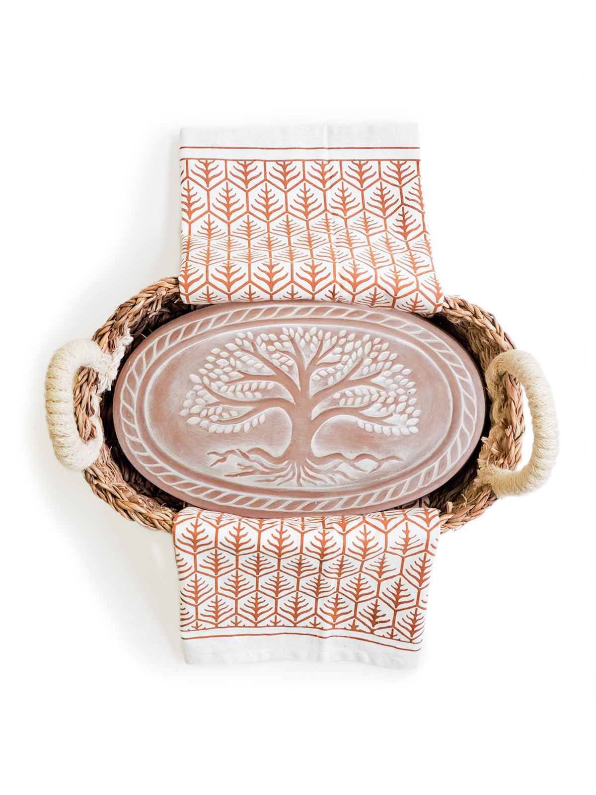 Coffret cadeau chauffe-pain et panier avec torchon - Arbre de vie ovale