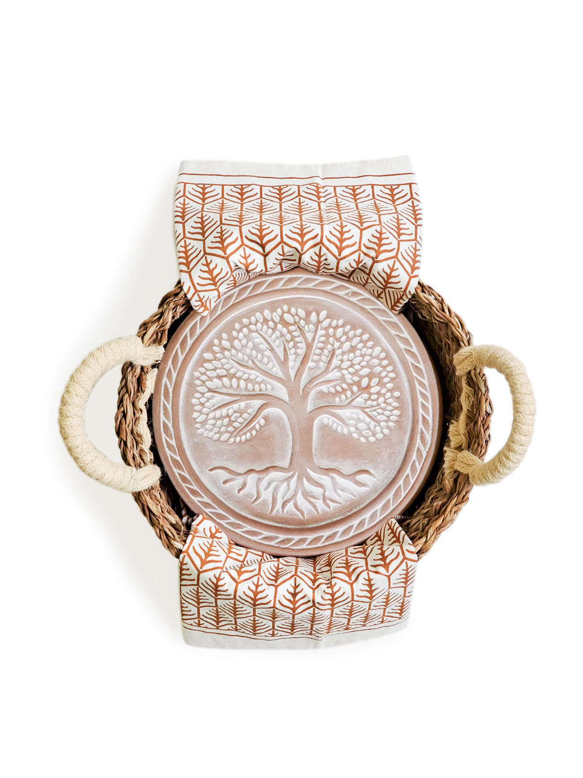 Bread warmer and basket gift set with tea towel; round ceramic warmer with tree design; KORISSA on Tampa Home & Garden Store