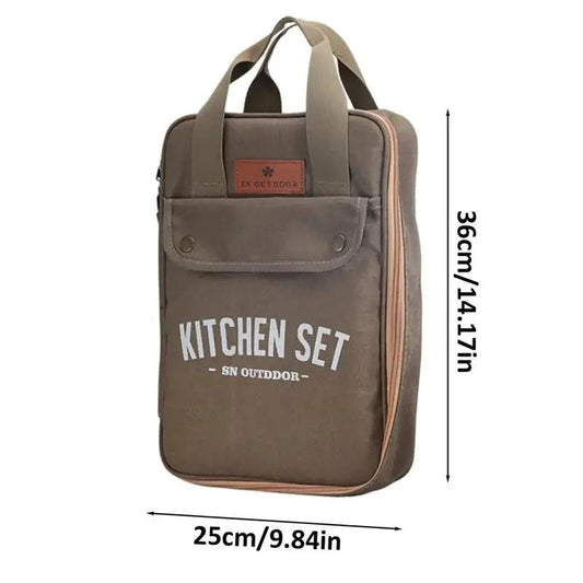 Camping Kitchen Set 8 Piece stainless steel in brown carrying bag with SN Outdoor badge on Tampa Home & Garden Store