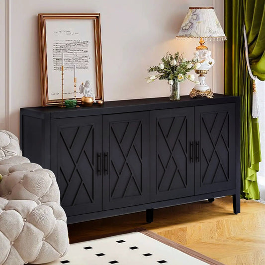 4 Door Wooden Twill Sideboard Black with diagonal panel doors and decorative top display on Tampa Home & Garden Store