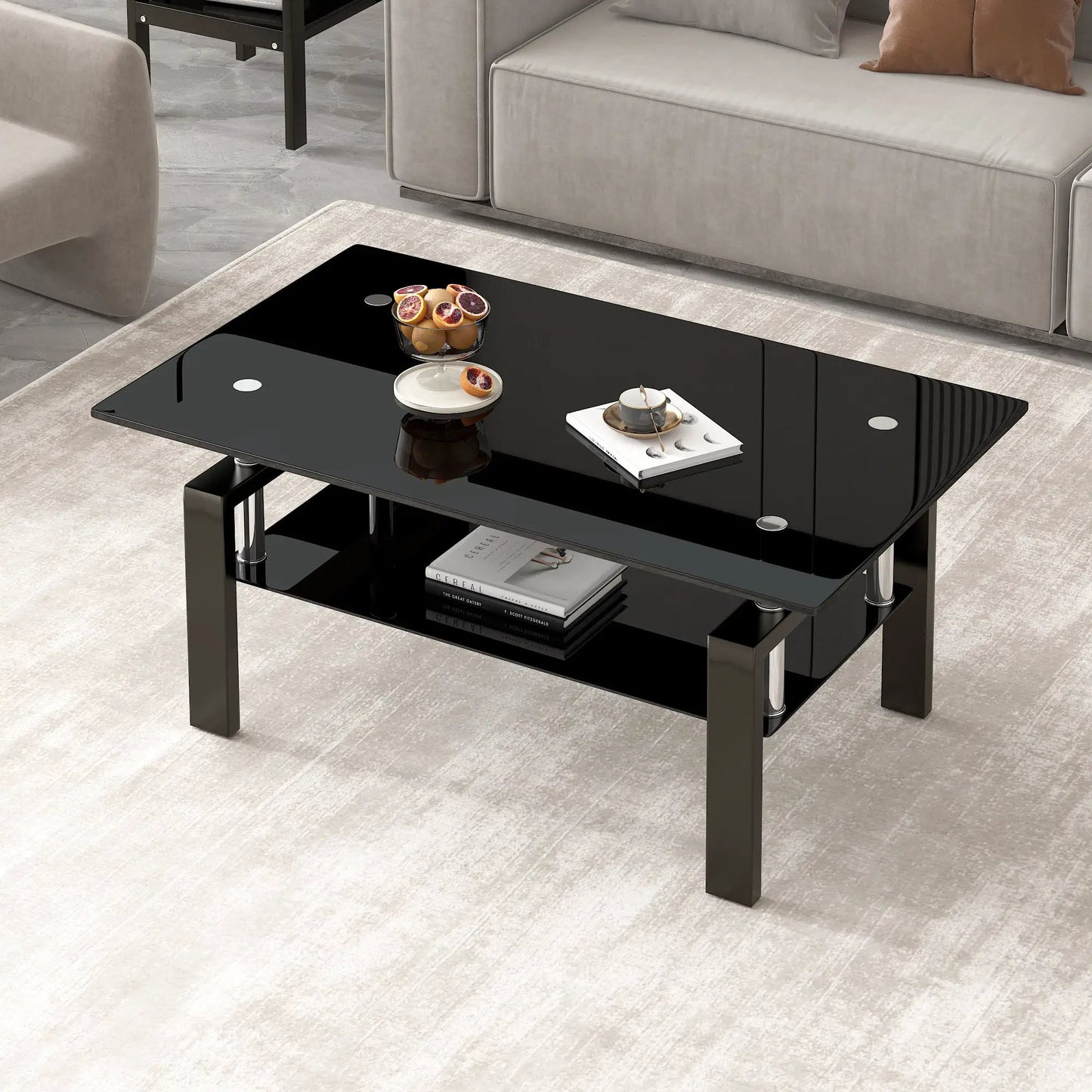 Black tempered glass coffee table with storage shelf and metal legs on Tampa Home & Garden Store