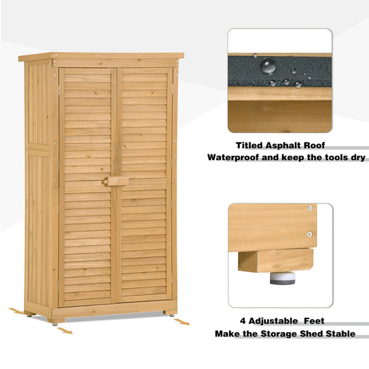 Wooden Garden Shed 3-tier Patio Storage Cabinet Outdoor Organizer Wooden Lockers with Wood (Natural Wood Color -Shutter Design)