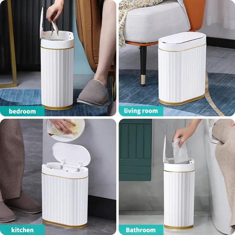 Touchless Sensor Trash Can with Lid, white ribbed with gold trim shown in four-cans collage on Tampa Home & Garden Store