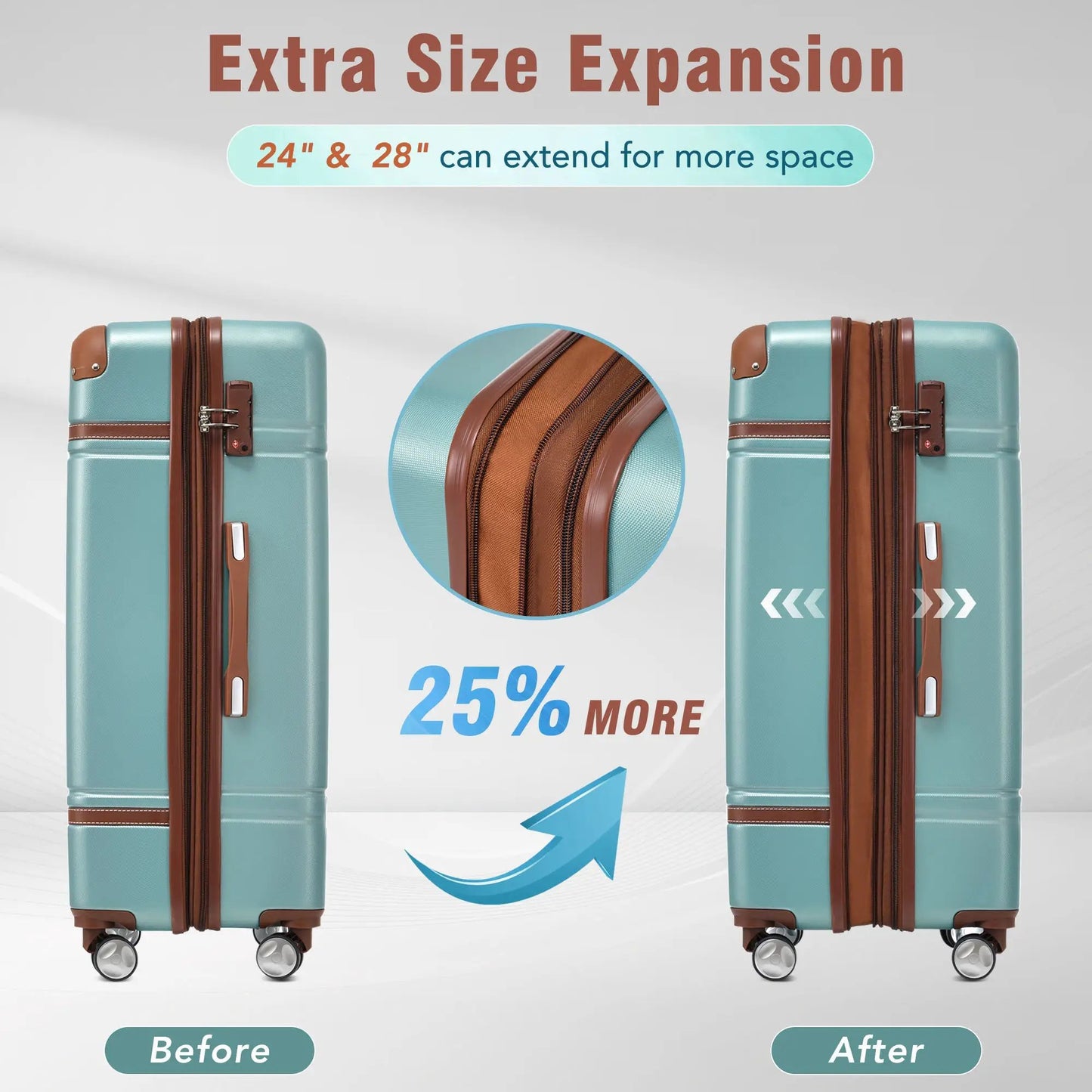 Hardshell 3-piece luggage set in green turquoise, lightweight with brown straps on Tampa Home & Garden Store