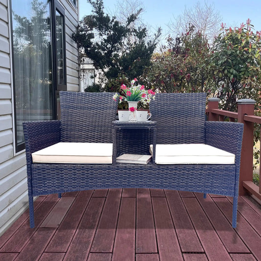 Wicker Patio Conversation Set with Cushions dark brown wicker beige cushions outdoor use on Tampa Home & Garden Store