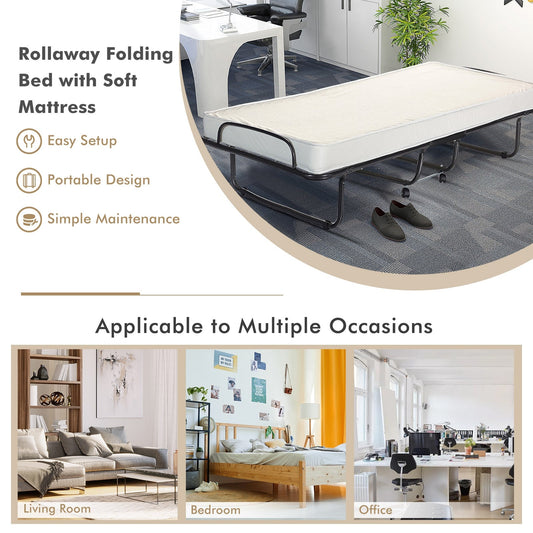 Rollaway Folding Bed with Memory Foam Mattress and Sturdy Metal Frame Made in Italy
