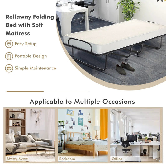 Rollaway folding bed with memory foam mattress on a black metal frame in an office setting on Tampa Home & Garden Store