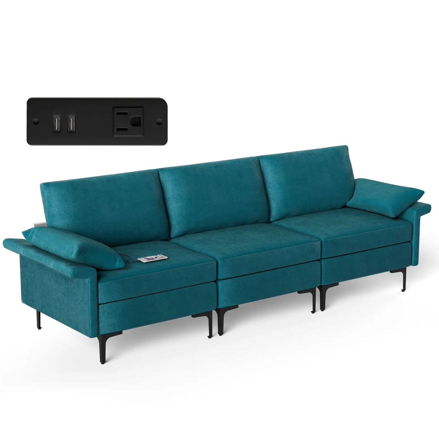 Large 3-Seat Sofa Sectional with Metal Legs and 2 USB Ports for 3-4 people-Red - Tampa Home & Garden Store
