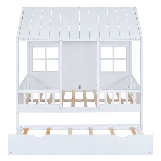 House Bed with Twin Size Trundle Daybed, white wooden frame by HouseOfZazla on Tampa Home & Garden Store