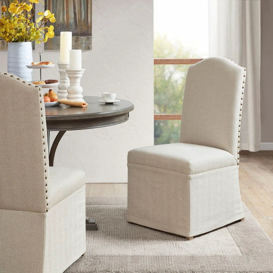 Dining chairs with beige fabric skirts, nailhead trim, set of 2 by Unique Piece Furniture on Tampa Home & Garden Store
