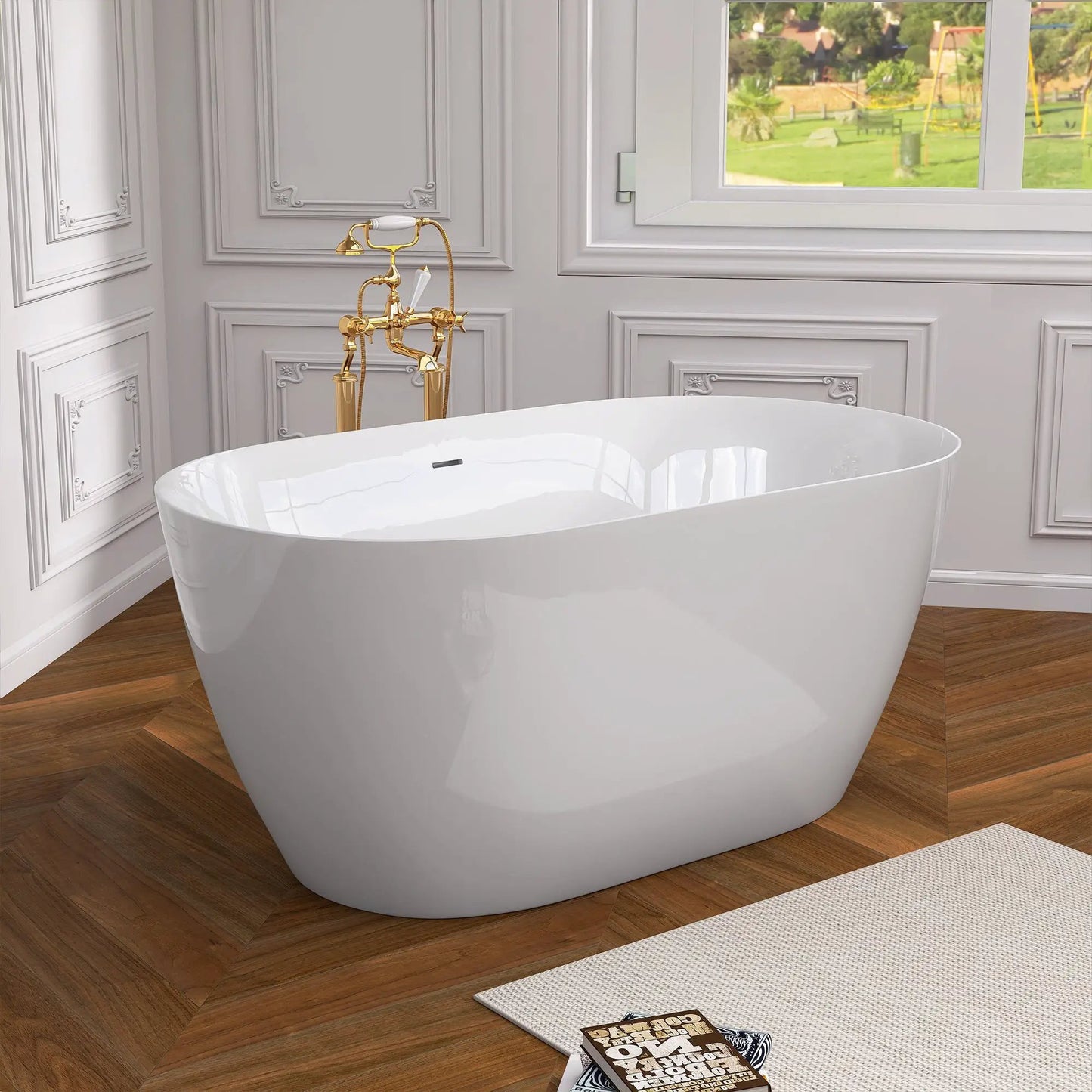 Bañera Exenta de Acrílico de 51 Pulgadas, Contemporánea, Blanca, con Desbordamiento y Drenaje Retráctil, Blanco Brillante