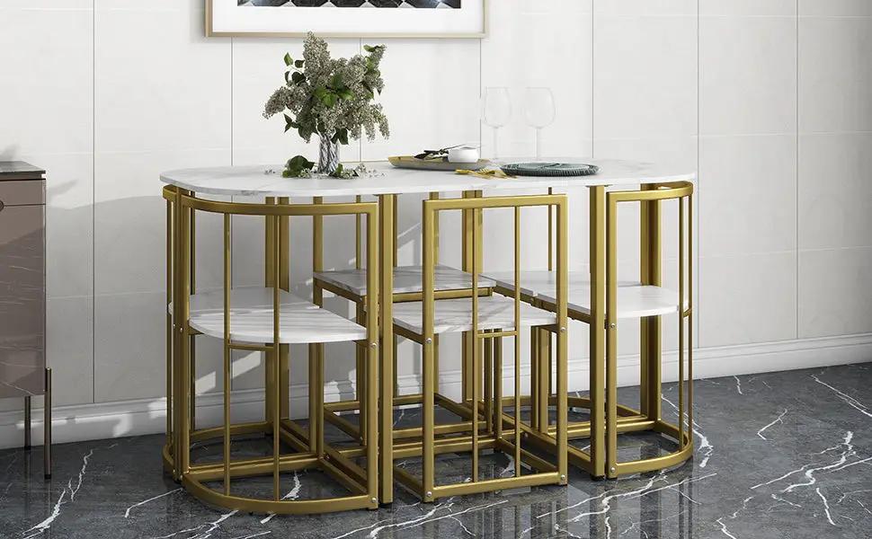 Ensemble de salle à manger moderne 7 pièces TOPMAX avec plateau en faux marbre, table de cuisine compacte de 140 cm pour 6 personnes, doré et blanc