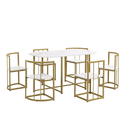 Topmax Modern 7-Piece Dining Set with faux marble tabletop and gold metal frame, 6 chairs on Tampa Home & Garden Store