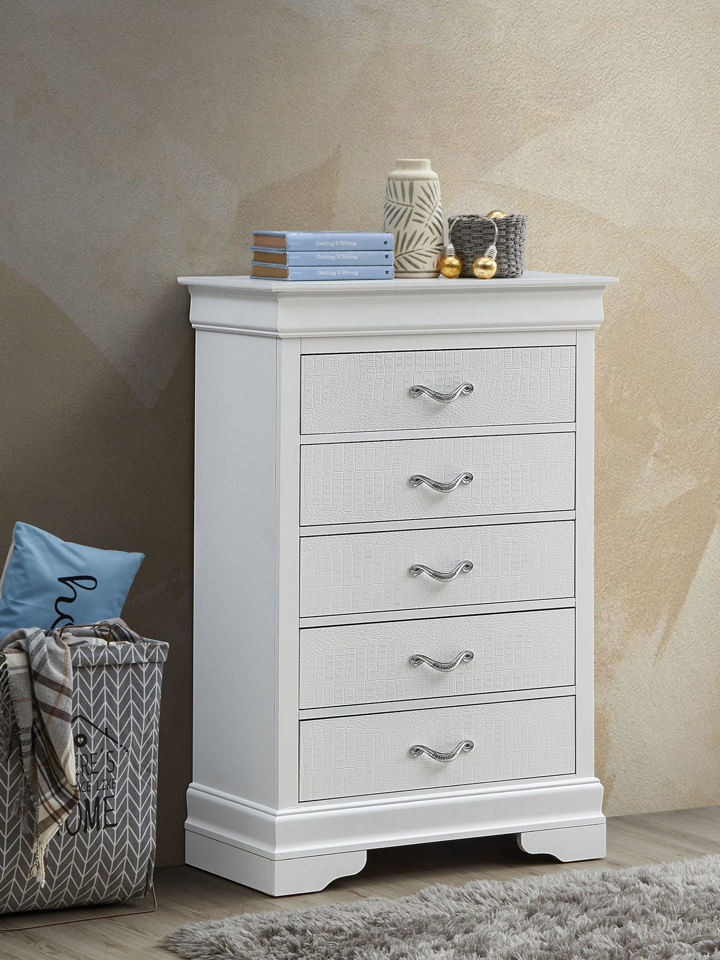 White Lorana accent chest with crocodile-textured drawer fronts and crystal pulls on Tampa Home & Garden Store