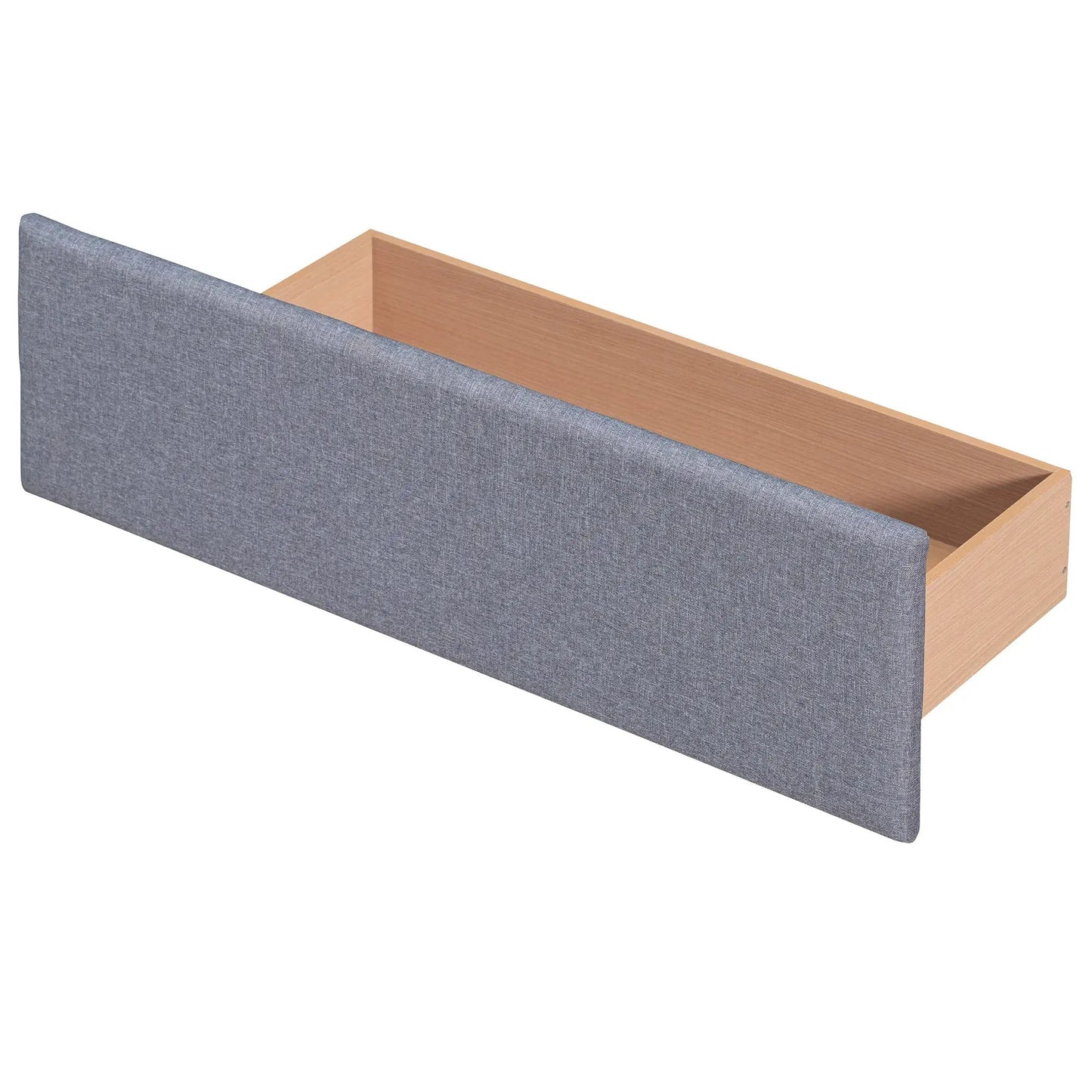 Queen size upholstered platform bed with grey fabric headboard and built-in drawers on Tampa Home & Garden Store