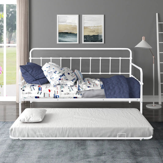 Metal Frame Daybed with Trundle White navy quilt patterned sheets gray wall two beach abstracts on Tampa Home & Garden Store
