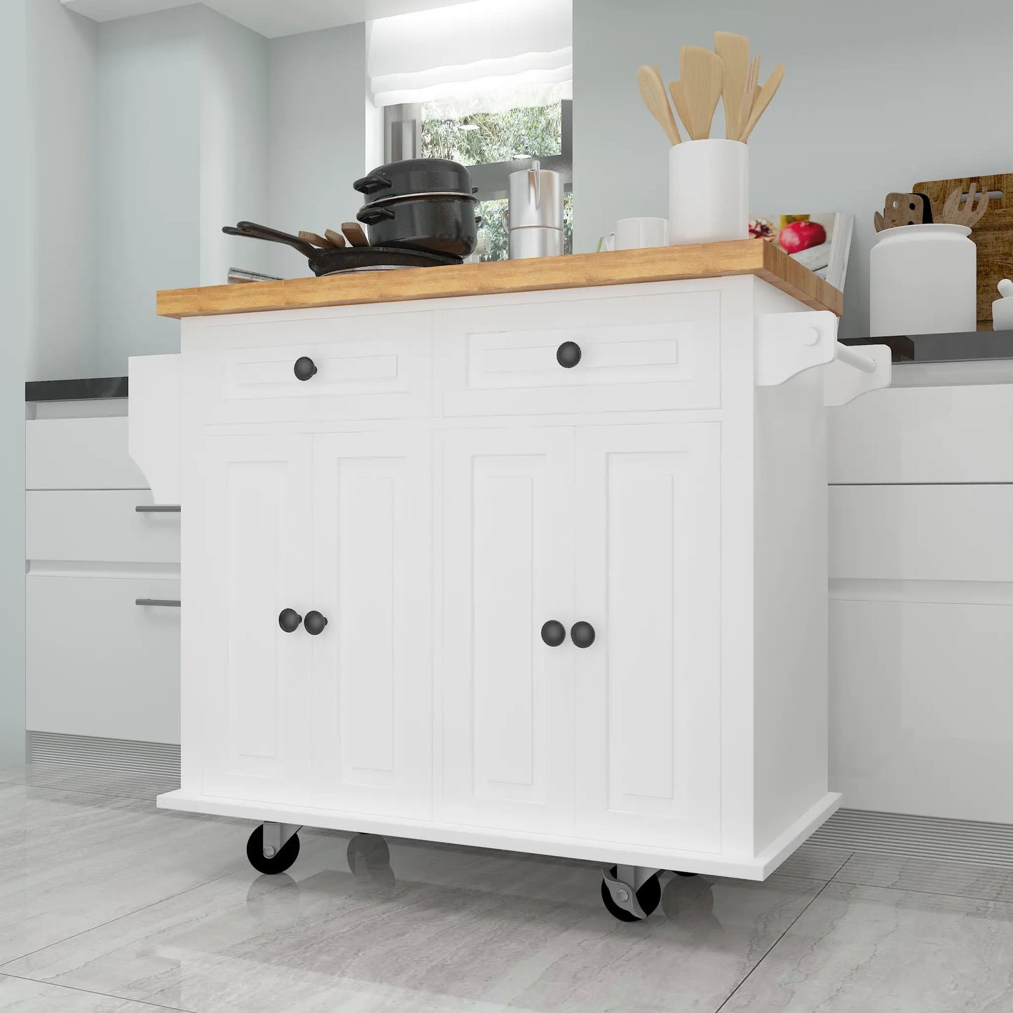 Kitchen Island Cart with two cabinets and drawers, white finish with wood top, on casters on Tampa Home & Garden Store