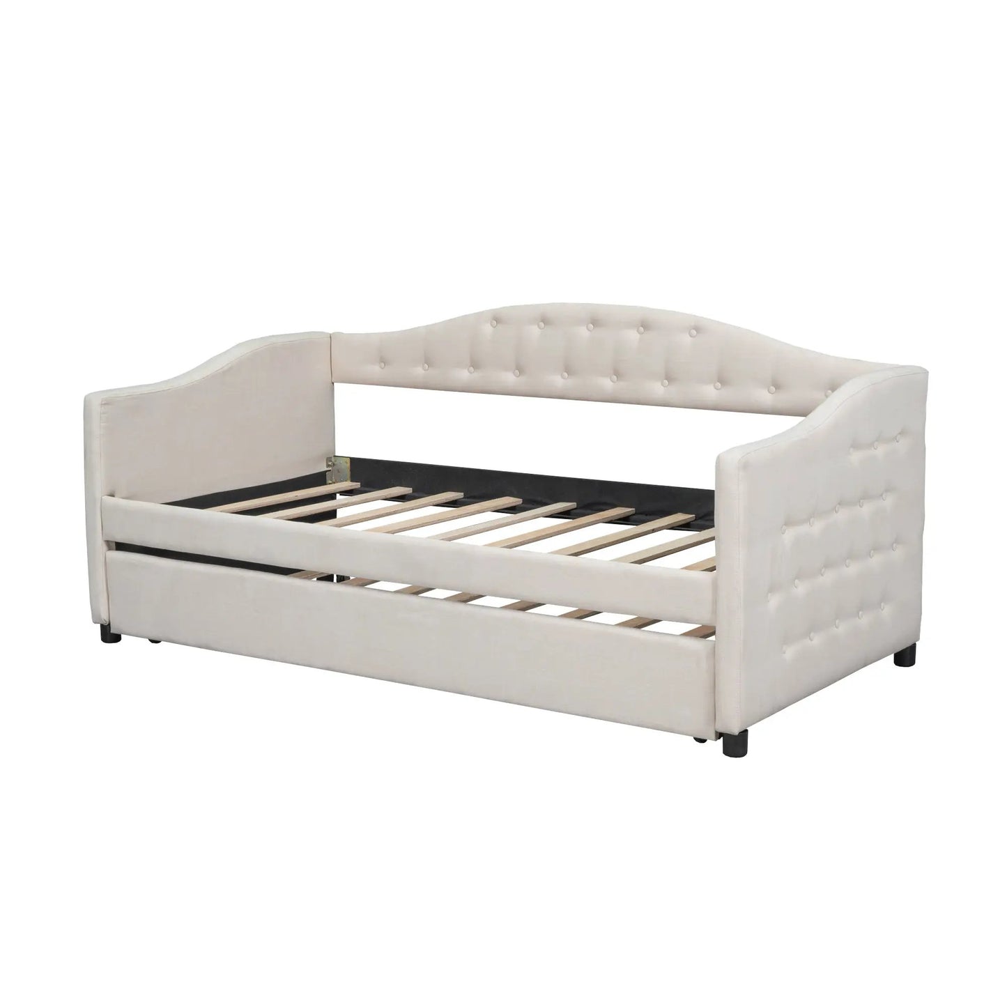 Beige tufted upholstered twin daybed with under-bed trundle and slat base on Tampa Home & Garden Store
