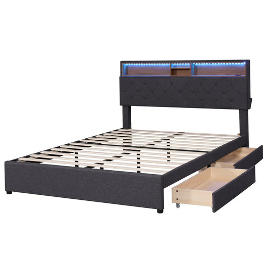 Queen size upholstered platform bed with USB in charcoal fabric tufted headboard with shelf on Tampa Home & Garden Store