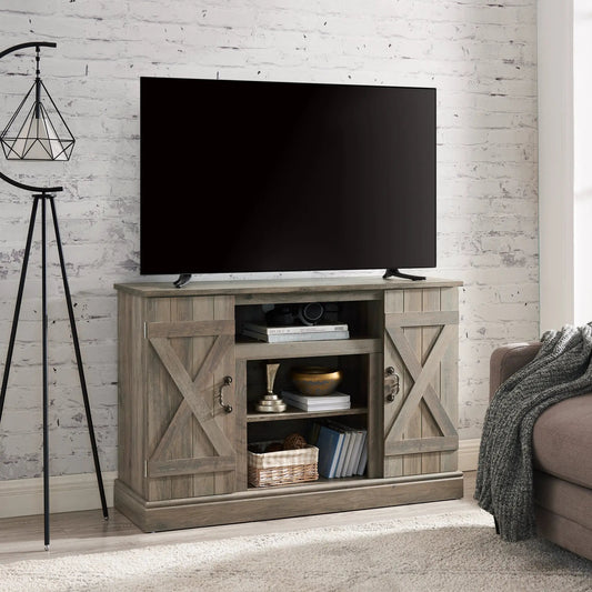 Farmhouse gray wash media TV stand for 50 inch TV with X-panel doors and open shelves on Tampa Home & Garden Store