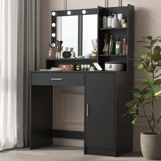 Makeup vanity desk with mirror and lights, dark gray finish, open shelves with cosmetics on Tampa Home & Garden Store