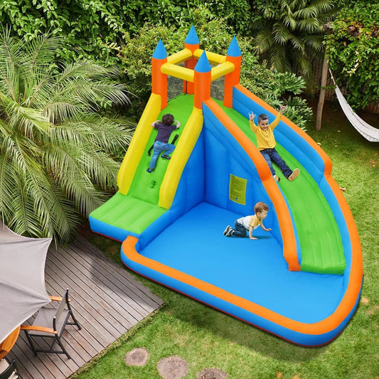 Inflatable bounce house jumper with water slide in bright blue, green, orange, and yellow on Tampa Home & Garden Store