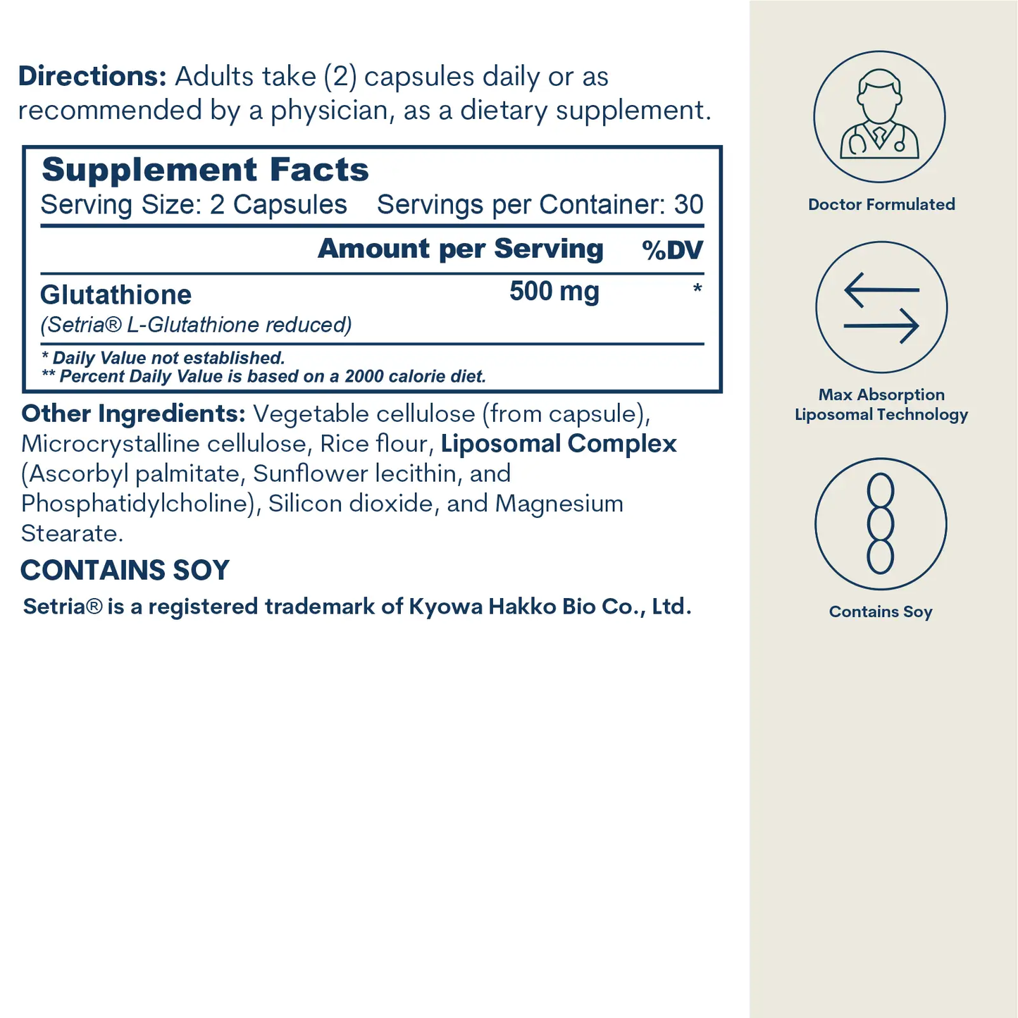 Core Med Science Liposomal Glutathione capsules label with 500 mg per serving, 60 capsules on Tampa Home & Garden Store