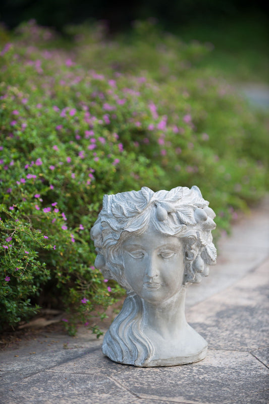 Gray cement bust wall planter, 8-in, HouseOfZazla, classical garden statue amid purple flowers on Tampa Home & Garden Store
