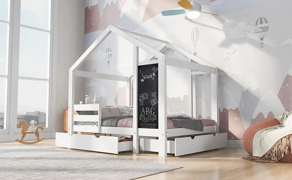 Full House Bed with Blackboard and Drawers, white cabin bed with chalkboard panel and under-bed storage on Tampa Home & Garden Store