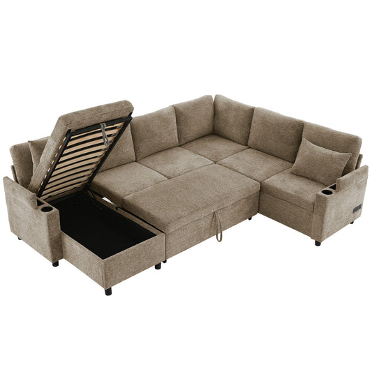 U-shaped brown fabric sectional sofa bed with lift-top storage and cup holders on Tampa Home & Garden Store