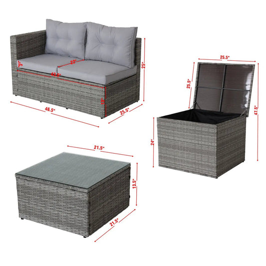 Grey 4 Piece Patio Sectional Wicker Sofa Set Box with light gray cushions and matching storage box on Tampa Home & Garden Store